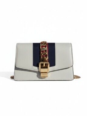 Authentic Gucci Sylvie Mini Chain Shoulder Bag – White Leather with Web Stripe